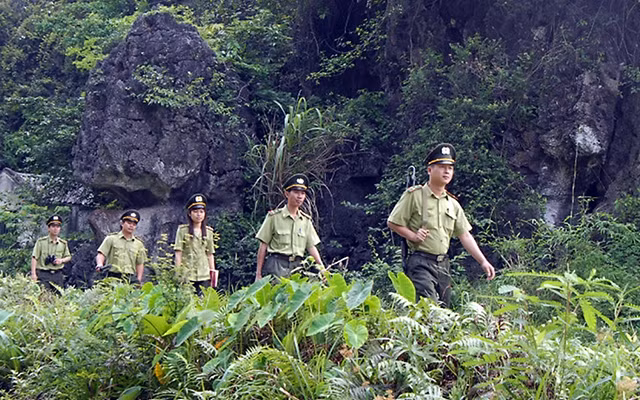 Cán bộ Kiểm lâm tỉnh Ninh Bình tuần tra, kiểm soát bảo vệ rừng tại Khu Bảo tồn Thiên nhiên đất ngập nước Vân Long. Ảnh: TRẦN HUYỀN