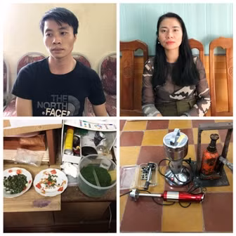 Võ Khắc Chương, Phạm Thị Huyền cùng tang vật ma túy thu giữ được.