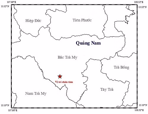 Bản đồ tâm chấn trận động đất 2,6 độ richter tại huyện Bắc Trà My.