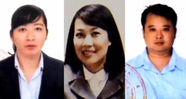 Ba bị can vừa bị bắt gồm Huệ, Chi, Hoàng (từ trái qua).