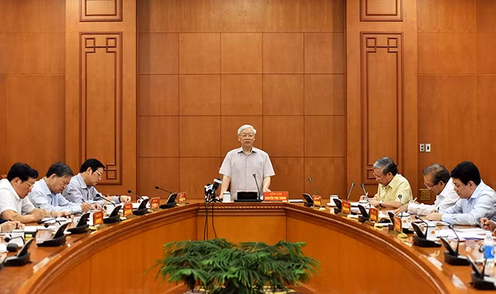 Tổng Bí thư Nguyễn Phú Trọng, Trưởng Ban Chỉ đạo Trung ương về phòng, chống tham nhũng phát biểu chỉ đạo cuộc họp. (Ảnh: ĐĂNG KHOA)
