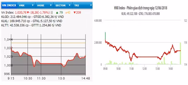Diễn biến VN-Index và HNX-Index phiên giao dịch ngày 12-6.