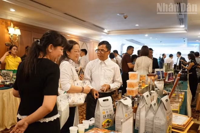 Các doanh nghiệp kết nối, tìm hiểu sản phẩm tại triển lãm bên lề Hội nghị Xúc tiến thương mại, du lịch và đầu tư. (Ảnh: ĐINH TRƯỜNG)