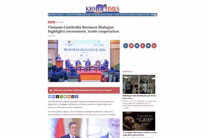 Tờ Khmer Times có nhiều tin, bài đậm nét về sự kiện Đối thoại Doanh nghiệp 2026 do Đại sứ quán Việt Nam tại Campuchia tổ chức.