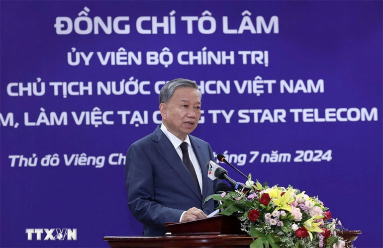 Chủ tịch nước Tô Lâm phát biểu tại buổi đến thăm Công ty viễn thông Star Telecom. (Ảnh: TTXVN)