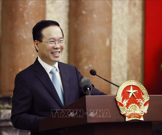 Chủ tịch nước Võ Văn Thưởng phát biểu với các đại biểu tại buổi gặp mặt. (Ảnh: TTXVN)