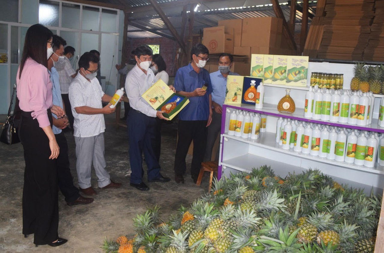 Khách tham quan các sản phẩm OCOP được làm từ quả khóm của Hợp tác xã nông nghiệp kinh doanh tổng hợp Đồng Din, huyện Phú Hòa, Phú Yên. Khách tham quan các sản phẩm OCOP được làm từ quả khóm của Hợp tác xã nông nghiệp kinh doanh tổng hợp Đồng Din, huyện Phú Hòa, Phú Yên.