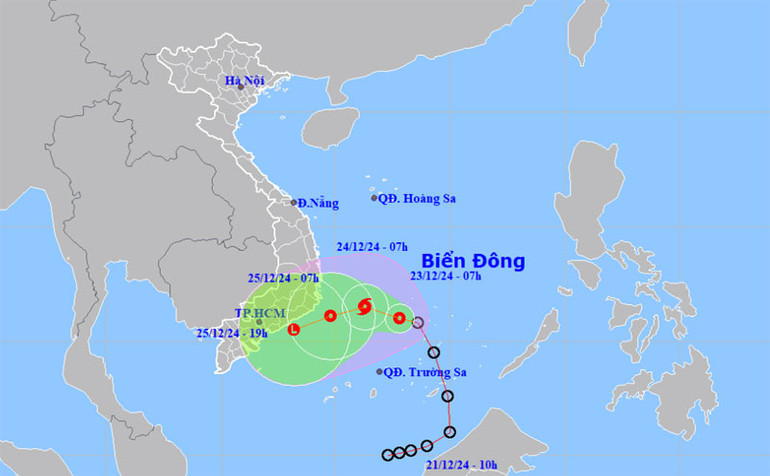 Vị trí và hướng di chuyển của áp thấp nhiệt đới. (Nguồn: nchmf.gov.vn) Vị trí và hướng di chuyển của áp thấp nhiệt đới. (Nguồn: nchmf.gov.vn)