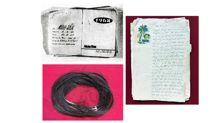 Từ trái qua phải: Nhật ký chiến trường của Liệt sĩ Trần Minh Tiến, lọn tóc rụng của chiến sĩ Phạm Thị Ngoan, bức thư gửi người yêu của lái xe Trường Sơn Đỗ Tá Tám.