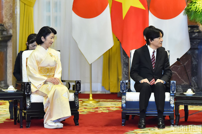 Hoàng Thái tử Nhật Bản Akishino và Công nương Kiko tại buổi tiếp.