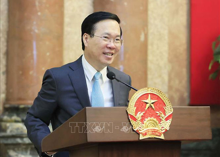 Chủ tịch nước Võ Văn Thưởng phát biểu tại buổi gặp mặt. (Ảnh: TTXVN)