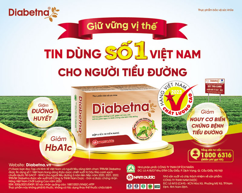 TPBVSK Diabetna được sản xuất bởi Nam Dược - Đơn vị được chứng nhận Hàng Việt Nam chất lượng cao (năm 2023).