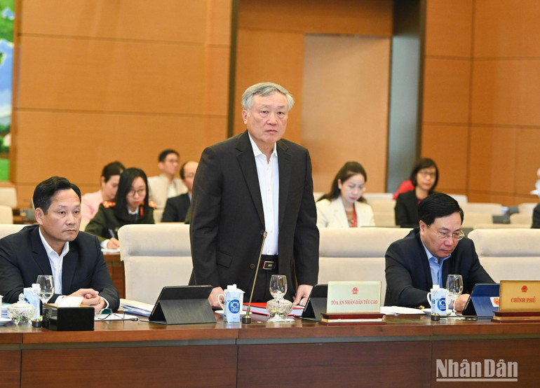 Chánh án Tòa án nhân dân tối cao Nguyễn Hòa Bình phát biểu tại phiên họp.