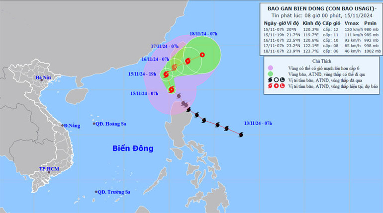 Vị trí và hướng di chuyển của bão Usagi. (Nguồn: nchmf.gov.vn)