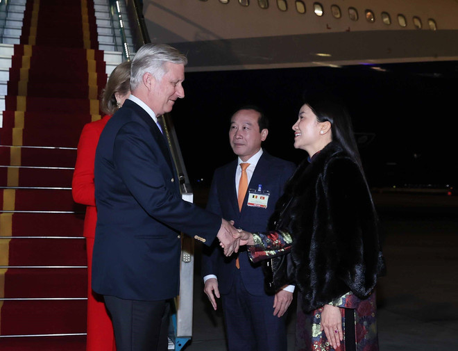 Đại biểu đón Nhà vua Bỉ Philippe và Hoàng hậu Mathilde tại Sân bay quốc tế Nội Bài. (Ảnh: An Đăng/TTXVN)