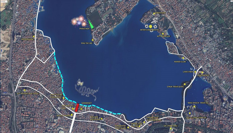 Bản đồ vị trí dự kiến sẽ trình diễn flycam và bắn pháo hoa trong đêm giao thừa.