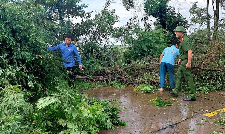 Các lực lượng tại xã đảo Vĩnh Trung (Móng Cái) dọn dẹp cây đổ, bảo đảm an toàn giao thông.