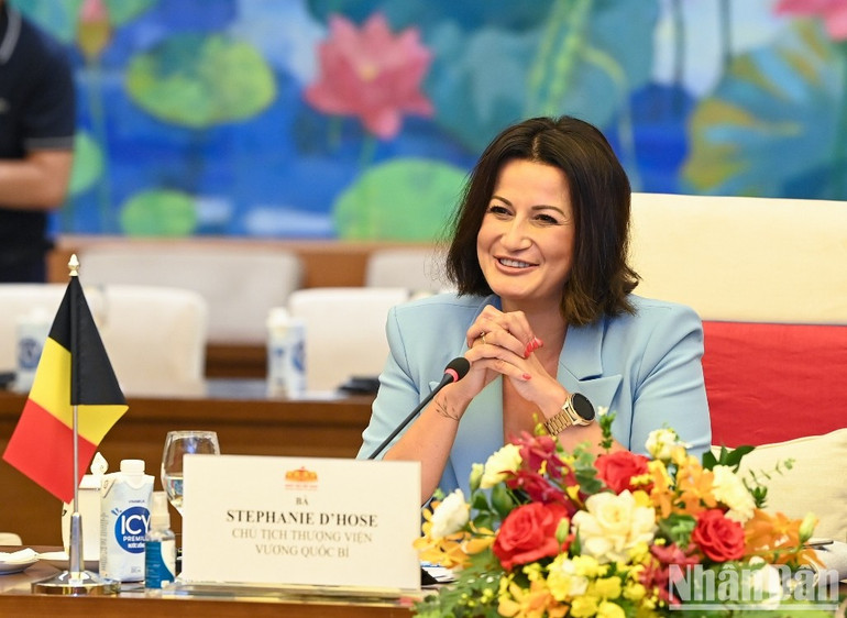 Chủ tịch Thượng viện Vương quốc Bỉ Stephanie D’Hose phát biểu tại buổi hội đàm. (Ảnh: DUY LINH)