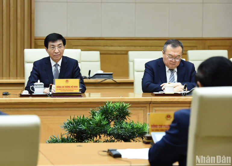 Chủ tịch Chính hiệp Toàn quốc Trung Quốc Vương Hộ Ninh phát biểu tại buổi tiếp.