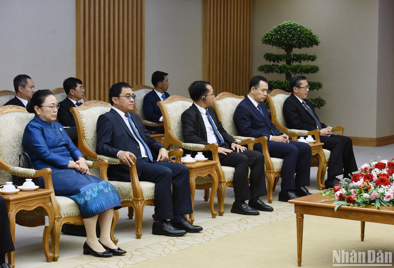 Các thành viên đi cùng với Phó Thủ tướng, Bộ trưởng Ngoại giao Lào Saleumxay Kommasith tham dự buổi tiếp.