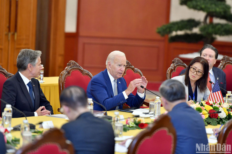Tổng thống Hoa Kỳ Joe Biden phát biểu tại buổi hội đàm. (Ảnh: Đăng Khoa)