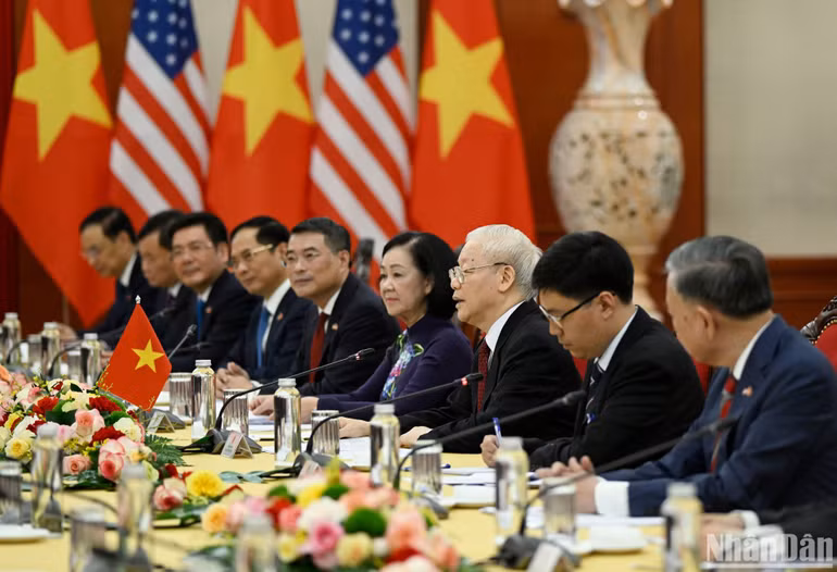 Tổng Bí thư Nguyễn Phú Trọng phát biểu tại buổi hội đàm với Tổng thống Hoa Kỳ Joe Biden. (Ảnh: Đăng Khoa)