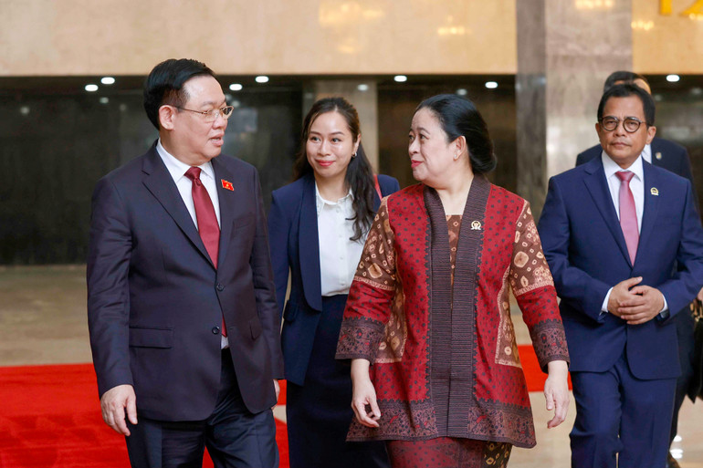 Chủ tịch Quốc hội Vương Đình Huệ trao đổi với Chủ tịch Hạ viện Indonesia Puan Maharani.