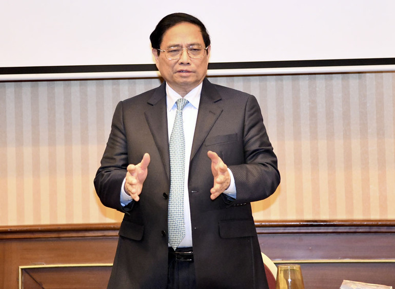 Thủ tướng Phạm Minh Chính phát biểu ý kiến tại buổi gặp gỡ.