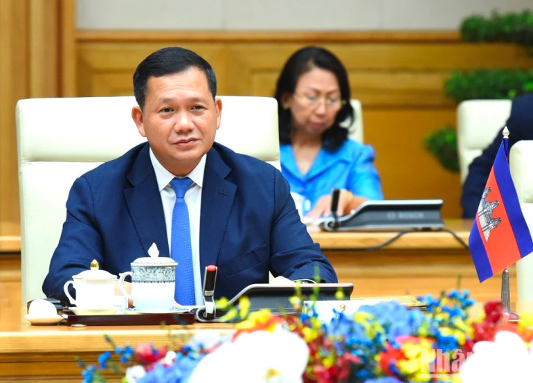 Thủ tướng Vương quốc Campuchia Samdech Moha Bovor Thipadei Hun Manet phát biểu tại buổi hội đàm.