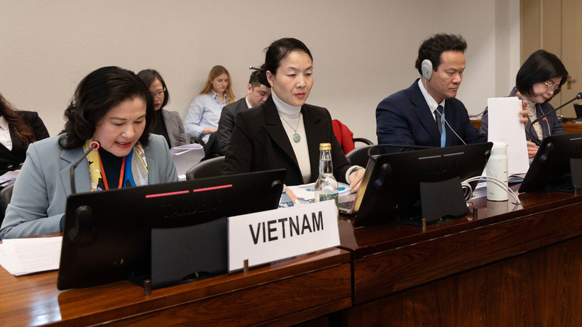 Thứ trưởng Nội vụ Nguyễn Thị Hà (ngoài cùng bên trái) cùng các đại biểu Việt Nam tại Phiên bảo vệ Báo cáo quốc gia lần thứ 9 về thực thi Công ước CEDAW. (Đoàn đại biểu liên ngành Việt Nam)