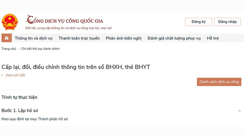 Một dịch vụ công trực tuyến của Bảo hiểm xã hội Việt Nam trên Cổng dịch vụ công quốc gia.