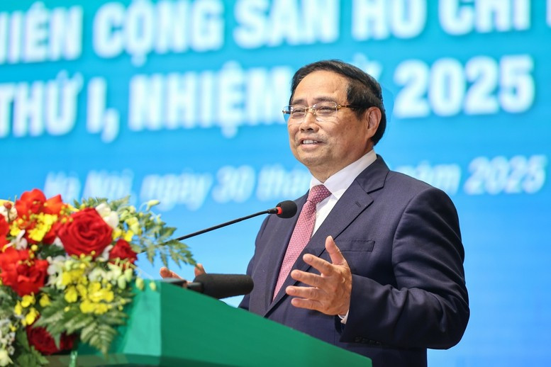 Bí thư Đảng ủy Chính phủ, Thủ tướng Chính phủ Phạm Minh Chính phát biểu ý kiến tại Đại hội đại biểu Đoàn Thanh niên Cộng sản Hồ Chí Minh Chính phủ lần thứ I, nhiệm kỳ 2025-2030. (Ảnh: Nhật Bắc/VGP)