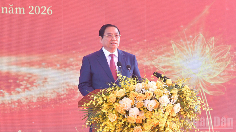 Thủ tướng Phạm Minh Chính phát biểu ý kiến tại Lễ kỷ niệm 120 năm Ngày sinh Thủ tướng Phạm Văn Đồng. (Ảnh: Thanh Giang)