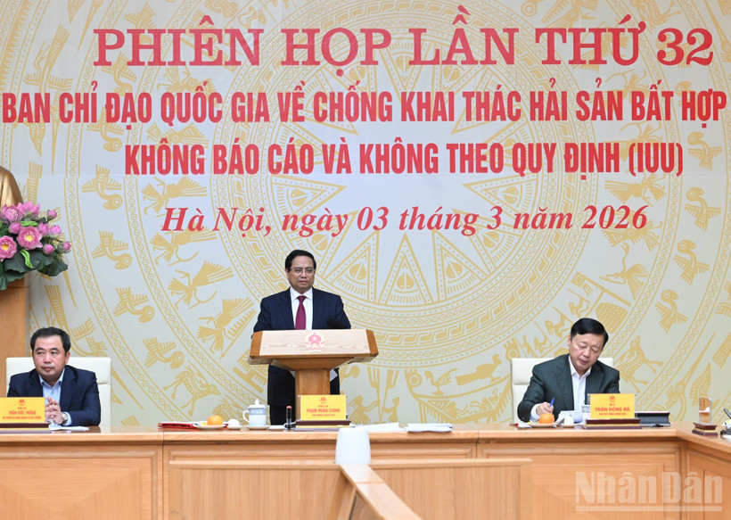 Thủ tướng Chính phủ Phạm Minh Chính chủ trì phiên họp lần thứ 32 của Ban Chỉ đạo Quốc gia về IUU. (Ảnh: TRẦN HẢI)