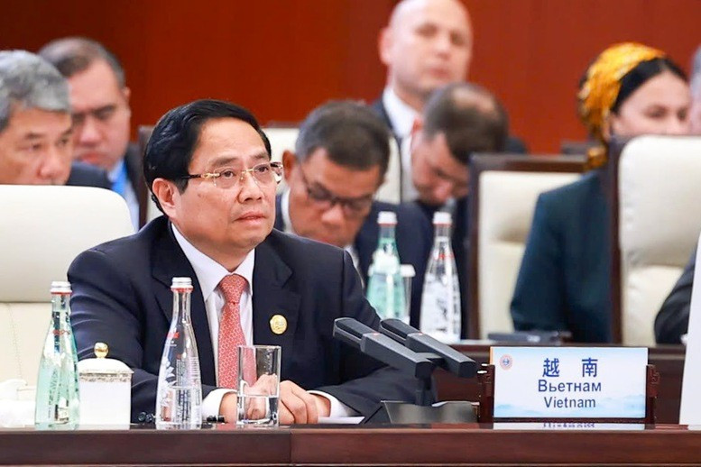 Thủ tướng Chính phủ Phạm Minh Chính phát biểu tại Hội nghị Thượng đỉnh Tổ chức Hợp tác Thượng Hải (SCO) mở rộng. (Ảnh: TTXVN)