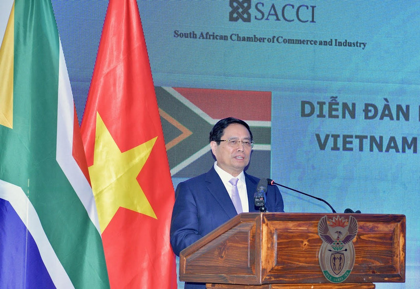 Thủ tướng Chính phủ Phạm Minh Chính phát biểu ý kiến tại Diễn đàn Doanh nghiệp Việt Nam-Nam Phi. (Ảnh: Thanh Giang)