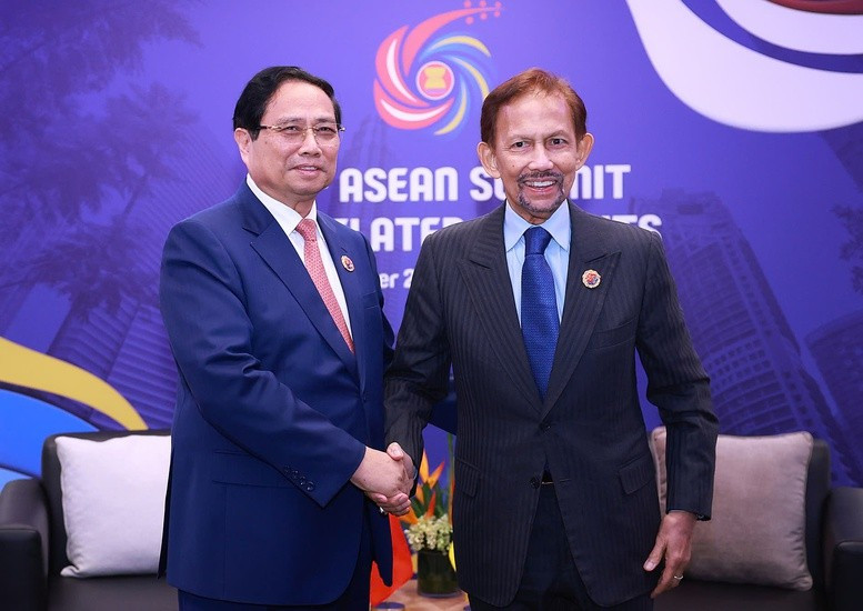 Thủ tướng Chính phủ Phạm Minh Chính hội kiến Quốc vương Brunei Darussalam Sultan Haji Hassanal Bolkiah. (Ảnh: VGP/Nhật Bắc)