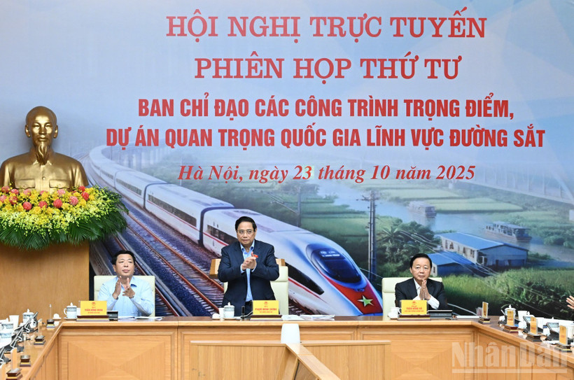 Thủ tướng Phạm Minh Chính chủ trì Phiên họp thứ tư của Ban Chỉ đạo các công trình trọng điểm, dự án quan trọng quốc gia lĩnh vực đường sắt. (Ảnh: Trần Hải)