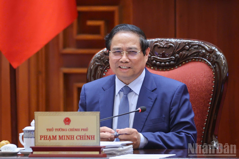 Thủ tướng Chính phủ Phạm Minh Chính phát biểu ý kiến chỉ đạo cuộc làm việc với Tập đoàn CT Group. (Ảnh: TRẦN HẢI).
