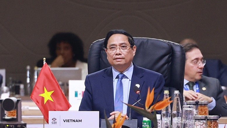Dự Phiên thảo luận thứ ba của Hội nghị Thượng đỉnh G20 với chủ đề "Một tương lai công bằng và công lý cho tất cả mọi người", Thủ tướng Phạm Minh Chính đề xuất 3 ưu tiên chiến lược cho 3 chuyển động lớn của thế giới. (Ảnh: VGP/Nhật Bắc)