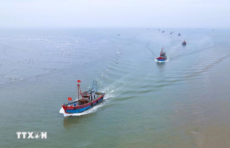 Đội tàu đánh bắt xa bờ thuộc Nghiệp đoàn nghề cá xã Ngọc Bích (huyện Diễn Châu) trên đường vào cửa biển. (Ảnh: Xuân Tiến/TTXVN) ca-1.jpg