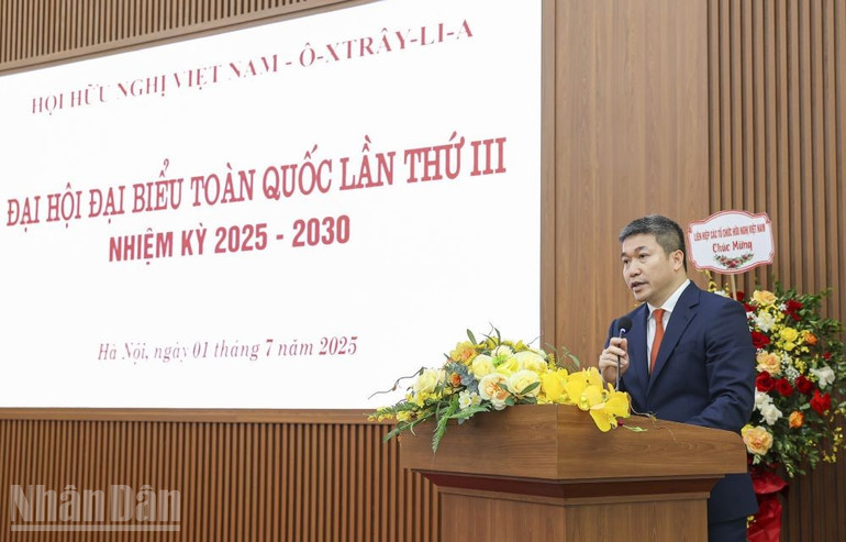 Chủ tịch Liên hiệp các tổ chức hữu nghị Việt Nam Phan Anh Sơn phát biểu chỉ đạo tại Đại hội. (Ảnh: KHÁNH LAN) ndo_bl_daisuuc1.jpg
