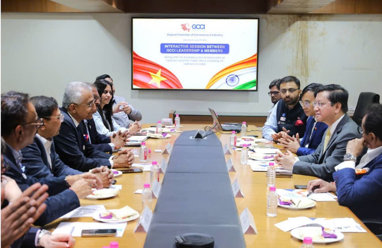 Đoàn công tác làm việc với Phòng Thương mại và Công nghiệp bang Gujarat. (Ảnh: Thương vụ Việt Nam tại Ấn Độ) hai2.jpg