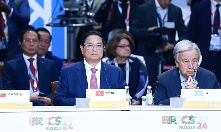 Thủ tướng Phạm Minh Chính phát biểu tại phiên toàn thể Hội nghị BRICS mở rộng tại Nga, tháng 10/2024. (Nguồn: TTXVN) nga.jpg