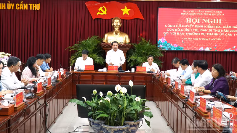 Ủy viên Bộ Chính trị, Bộ trưởng Nông nghiệp và Môi trường Trần Đức Thắng phát biểu kiểm tra, giám sát đối với Ban Thường vụ Thành ủy Cần Thơ. 