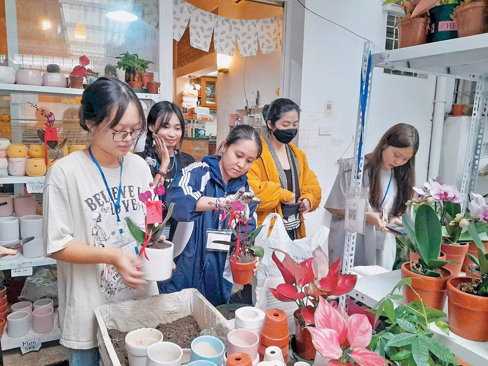 Các bạn trẻ, tình nguyện viên đang chăm chút cho cây, cho hoa để “đổi” lấy rác, phế liệu.