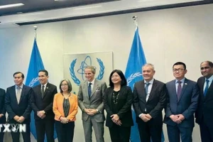 Tổng Giám đốc Cơ quan Năng lượng nguyên tử quốc tế (IAEA) Rafael Grossi (giữa) chụp ảnh lưu niệm cùng Đại sứ và Trưởng Phái đoàn các nước ASEAN tại Vienna. (Ảnh: TTXVN phát)