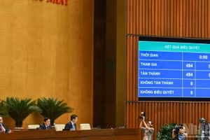 Ngày 23/4/2026, Quốc hội đã biểu quyết thông qua Luật sửa đổi, bổ sung một số điều của Luật Trợ giúp pháp lý với 494/494 đại biểu tham gia biểu quyết tán thành. (Ảnh: THỦY NGUYÊN)