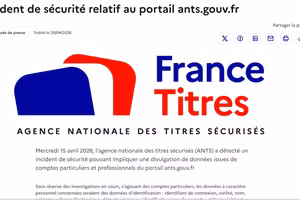 Sự cố bảo mật liên quan đến ANTS được đăng tải trên trang web của Bộ Nội vụ Pháp. (Ảnh chụp màn hình) 