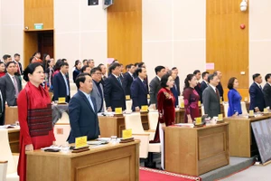 Đại biểu dự kỳ họp thực hiện nghi thức chào cờ.